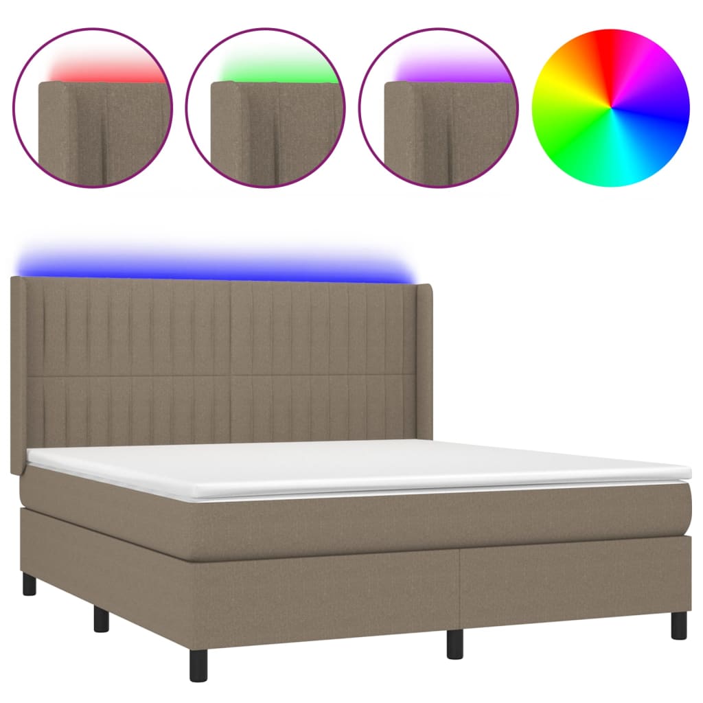 Krevet box spring s madracem LED smeđesivi 180x200 cm tkanina