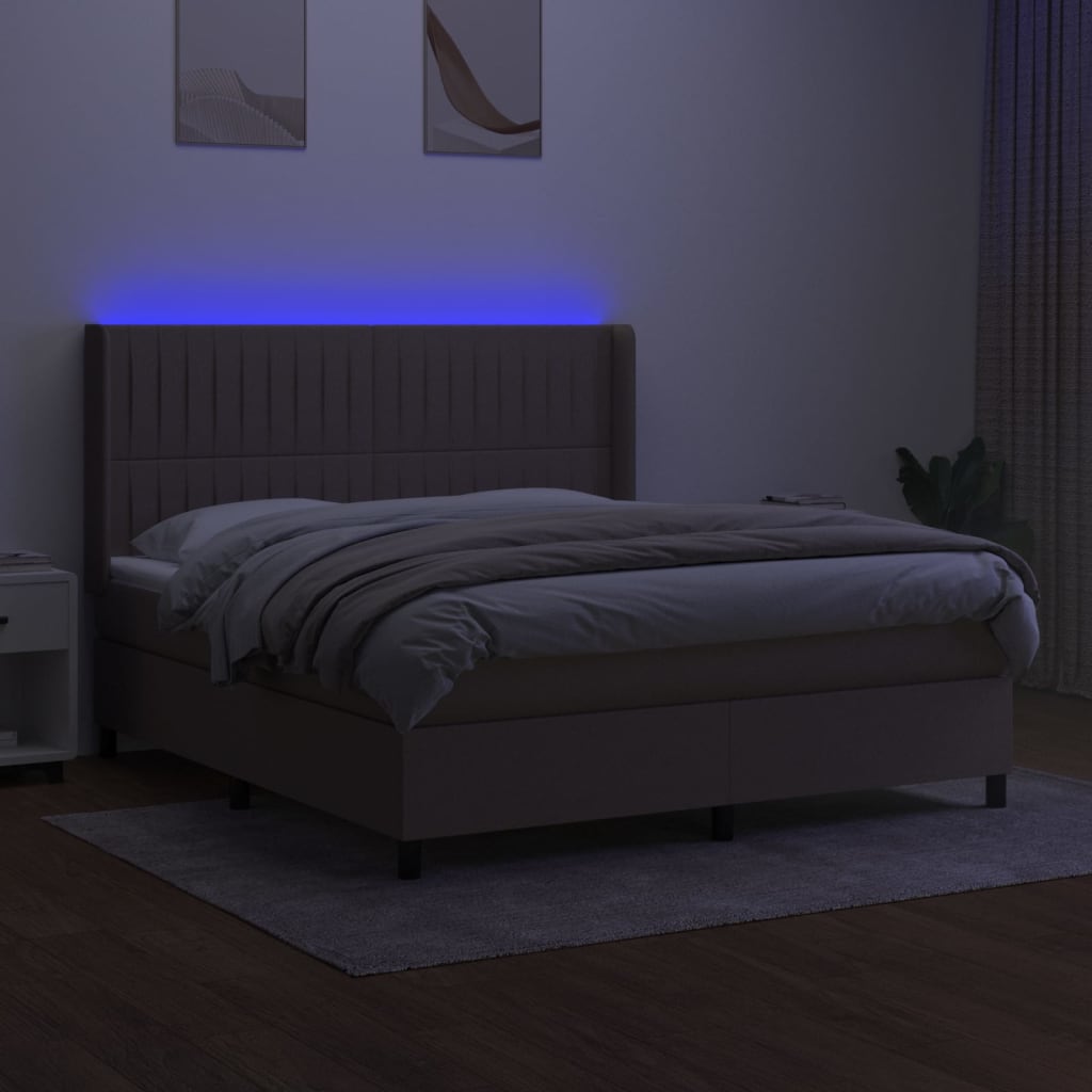 Krevet box spring s madracem LED smeđesivi 180x200 cm tkanina