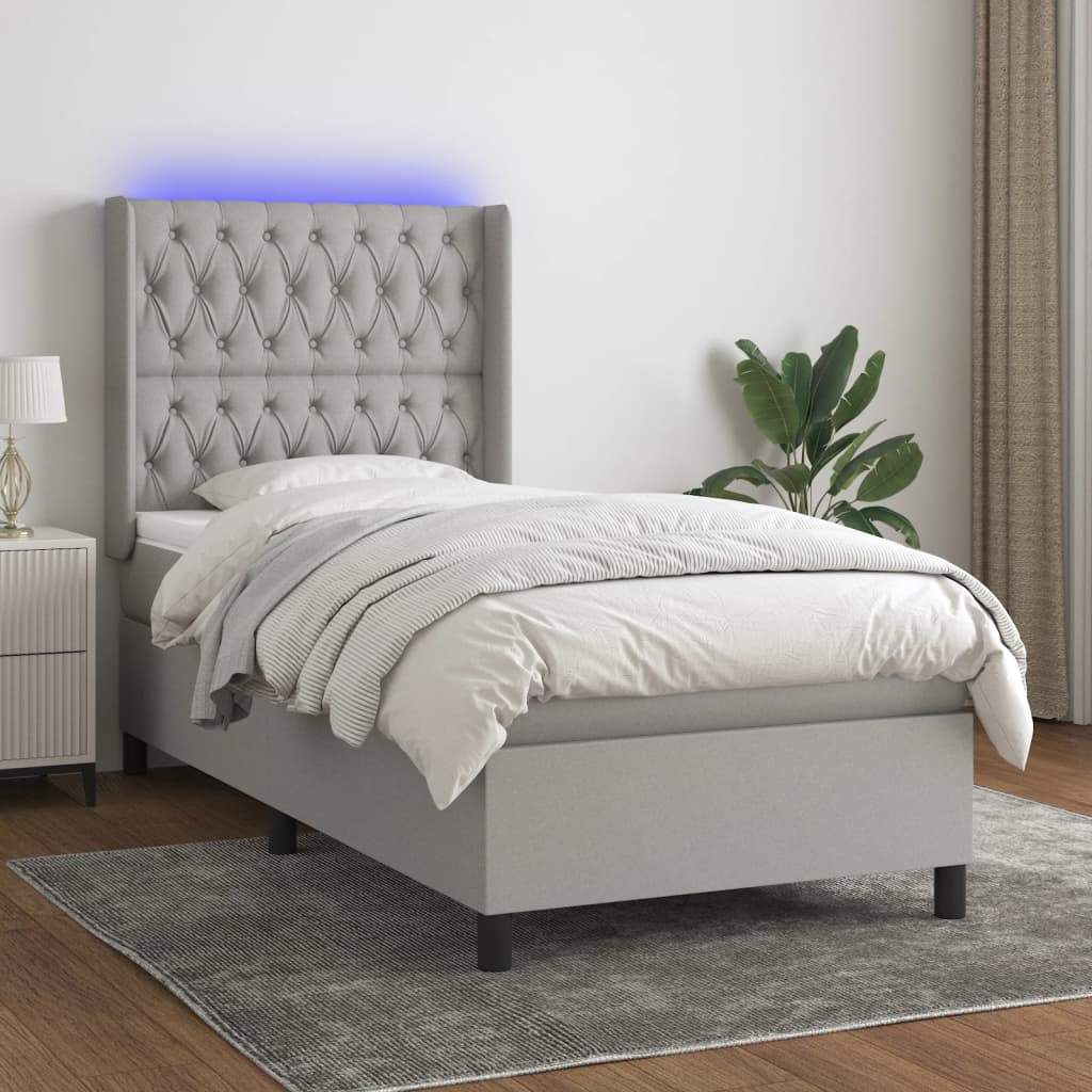 Krevet box spring s madracem LED svjetlosivi 90x190 cm tkanina