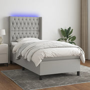 Krevet box spring s madracem LED svjetlosivi 90x190 cm tkanina