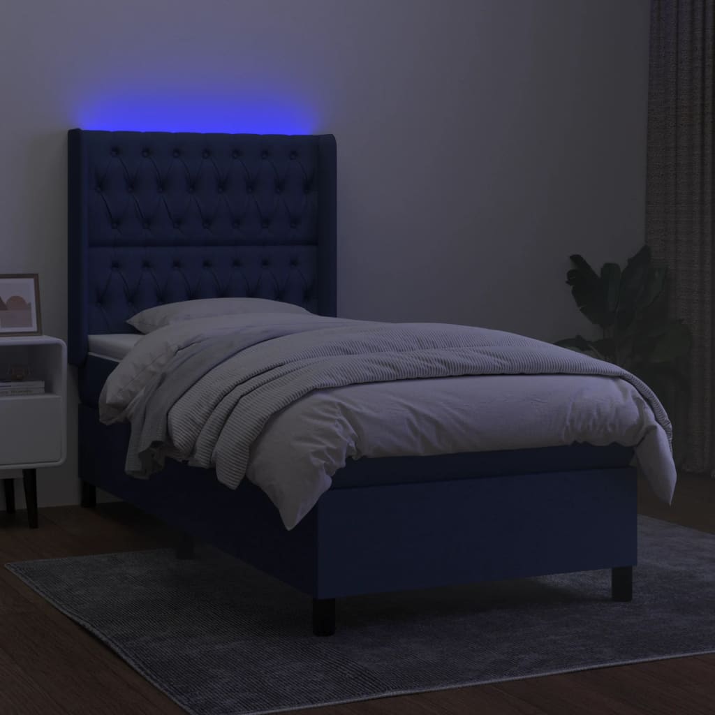 Krevet box spring s madracem LED plavi 90x190 cm od tkanine