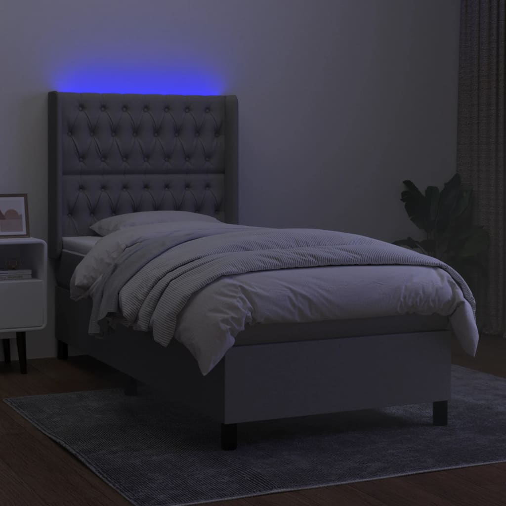 Krevet box spring s madracem LED svjetlosivi 90x200 cm tkanina