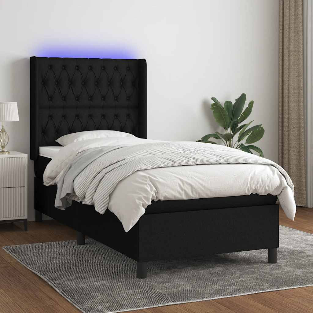 Krevet box spring s madracem LED crni 90x200 cm od tkanine
