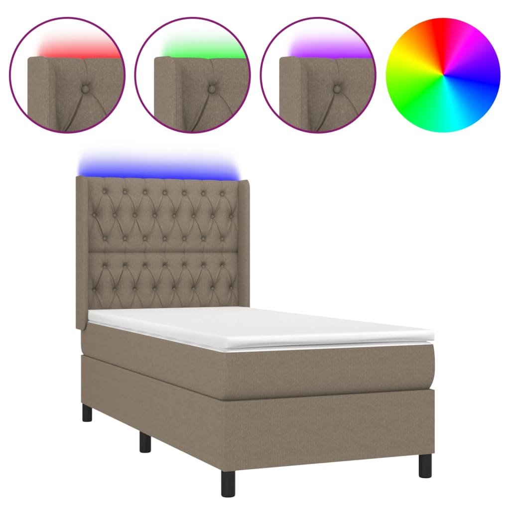 Krevet box spring s madracem LED smeđesivi 90x200 cm tkanina