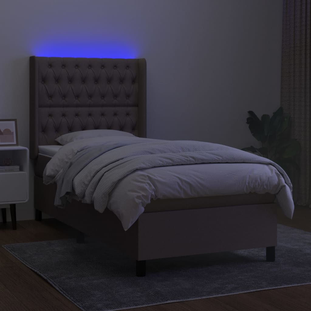 Krevet box spring s madracem LED smeđesivi 90x200 cm tkanina