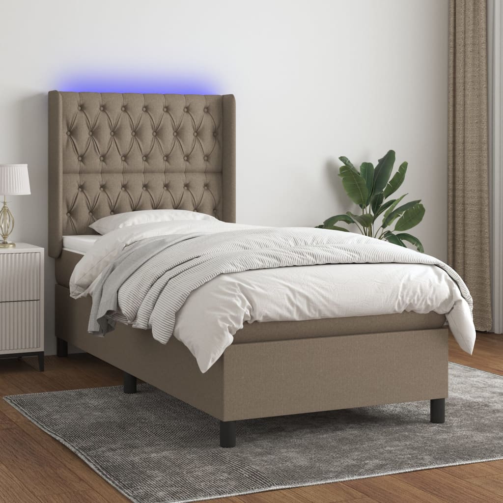 Krevet box spring s madracem LED smeđesivi 90x200 cm tkanina