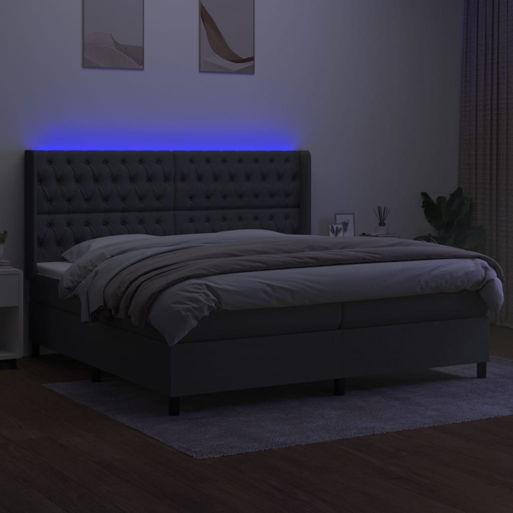 Krevet box spring s madracem LED tamnosivi 200x200 cm tkanina