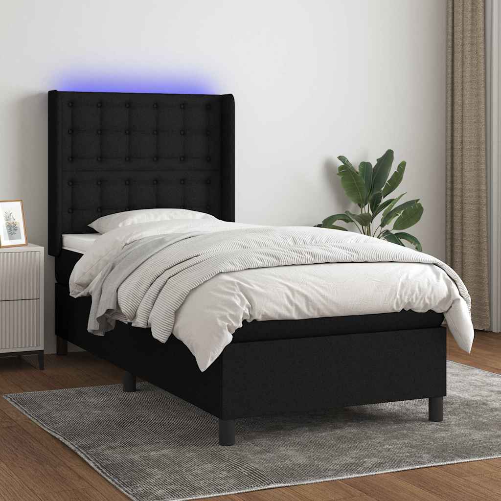 Krevet box spring s madracem LED crni 90x190 cm od tkanine