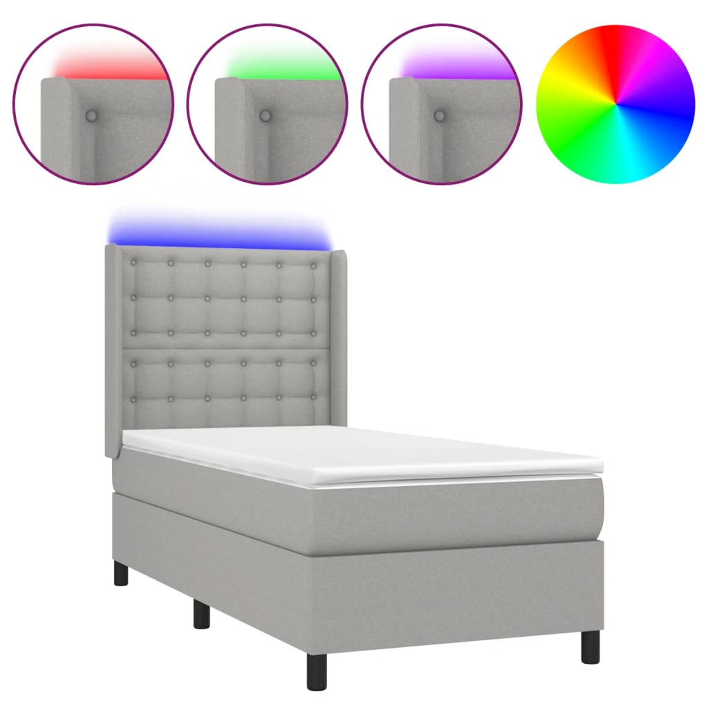 Krevet box spring s madracem LED svjetlosivi 90x200 cm tkanina