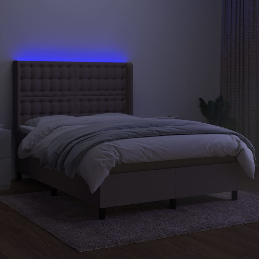Krevet box spring s madracem LED smeđesivi 140x200 cm tkanina