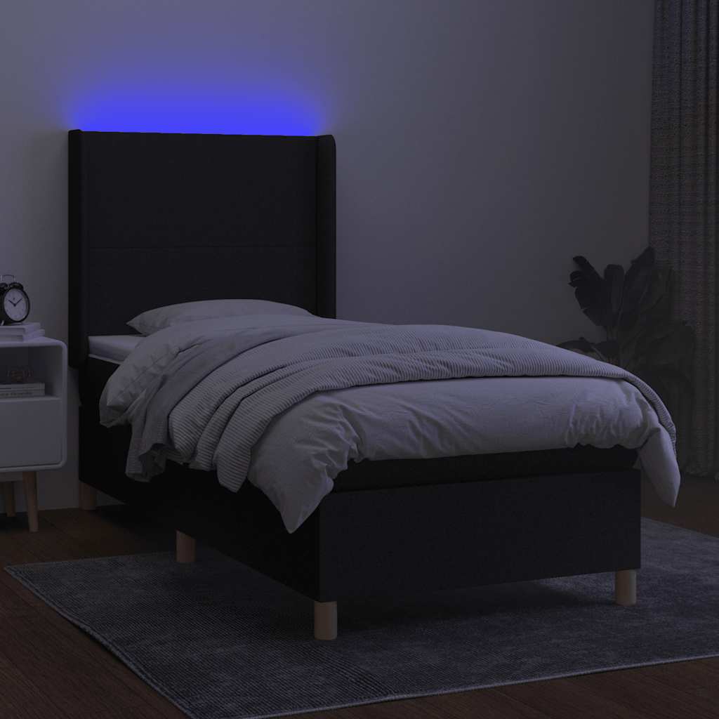 Krevet box spring s madracem LED crni 90x190 cm od tkanine