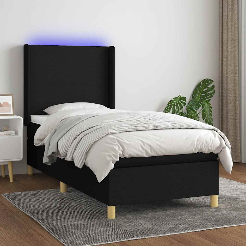 Krevet box spring s madracem LED crni 90x190 cm od tkanine