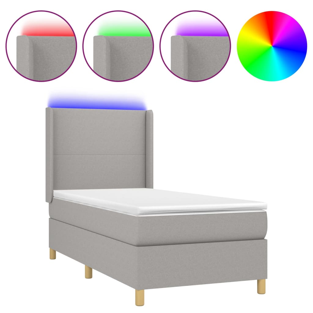 Krevet box spring s madracem LED svjetlosivi 90x200 cm tkanina