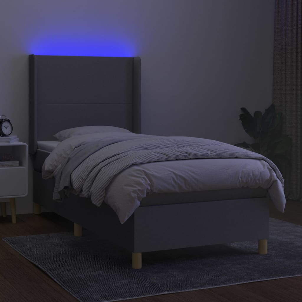 Krevet box spring s madracem LED svjetlosivi 90x200 cm tkanina