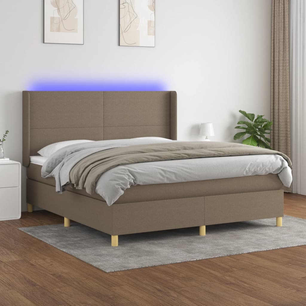 Krevet box spring s madracem LED smeđesivi 160x200 cm tkanina