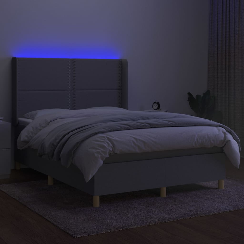 Krevet box spring s madracem LED svjetlosivi 140x200 cm tkanina