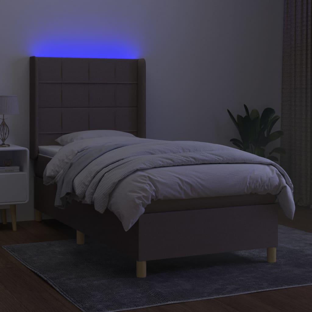 Krevet box spring s madracem LED smeđesivi 90x200 cm tkanina