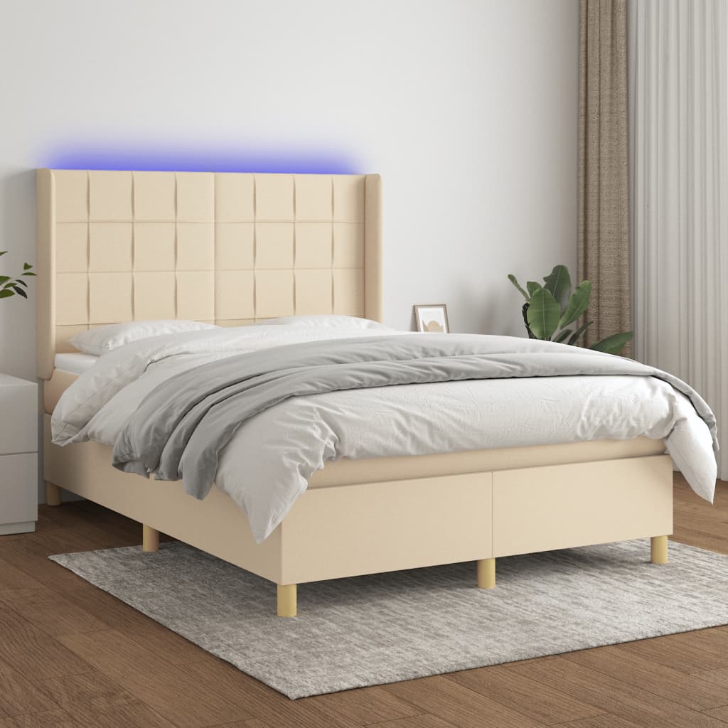 Krevet box spring s madracem LED krem 140x190 cm od tkanine