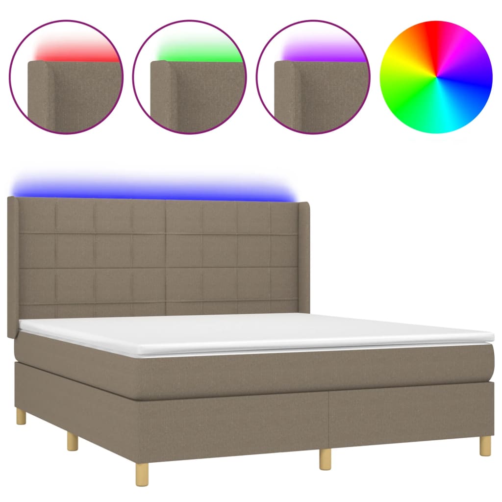 Krevet box spring s madracem LED smeđesivi 180x200 cm tkanina