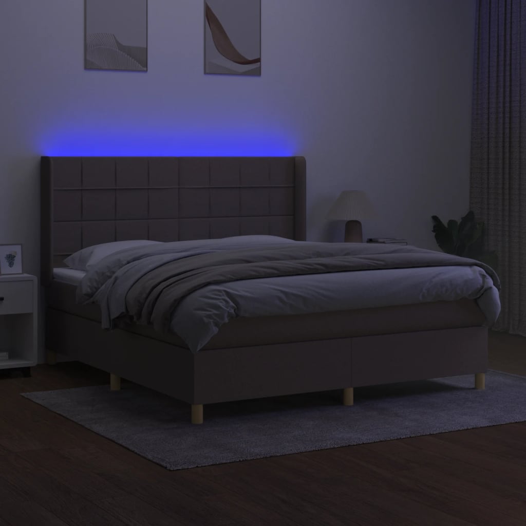 Krevet box spring s madracem LED smeđesivi 180x200 cm tkanina