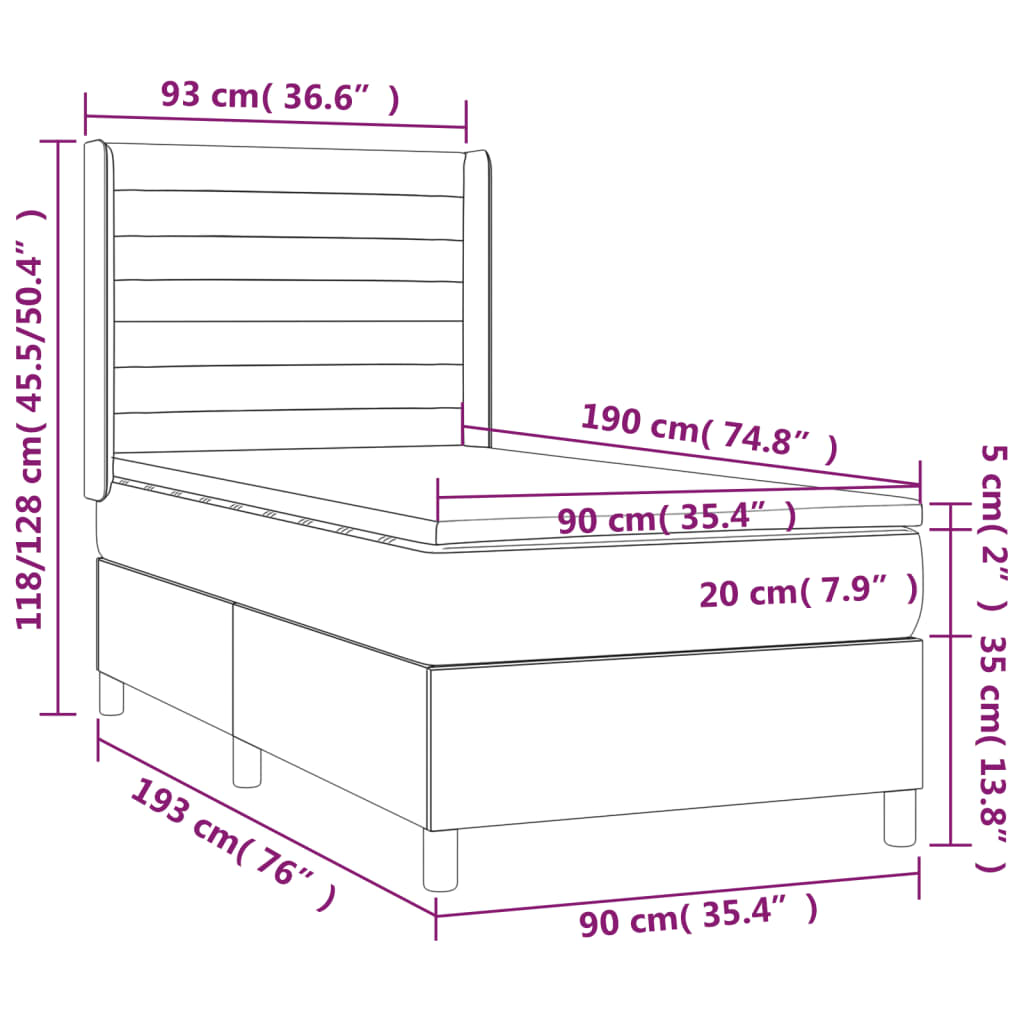 Krevet box spring s madracem LED krem 90x190 cm od tkanine
