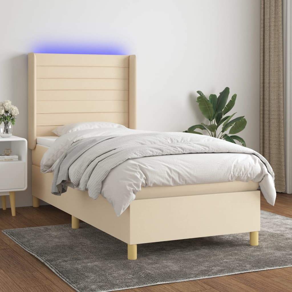 Krevet box spring s madracem LED krem 90x190 cm od tkanine