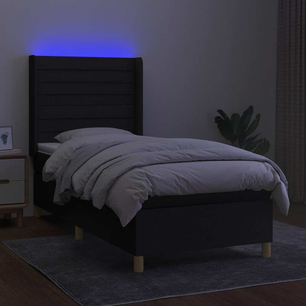 Krevet box spring s madracem LED crni 90x200 cm od tkanine