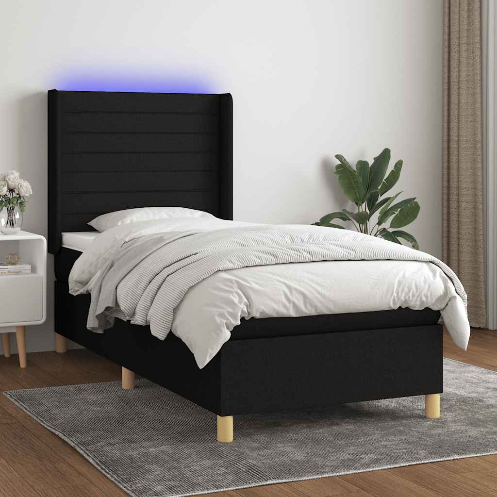 Krevet box spring s madracem LED crni 90x200 cm od tkanine
