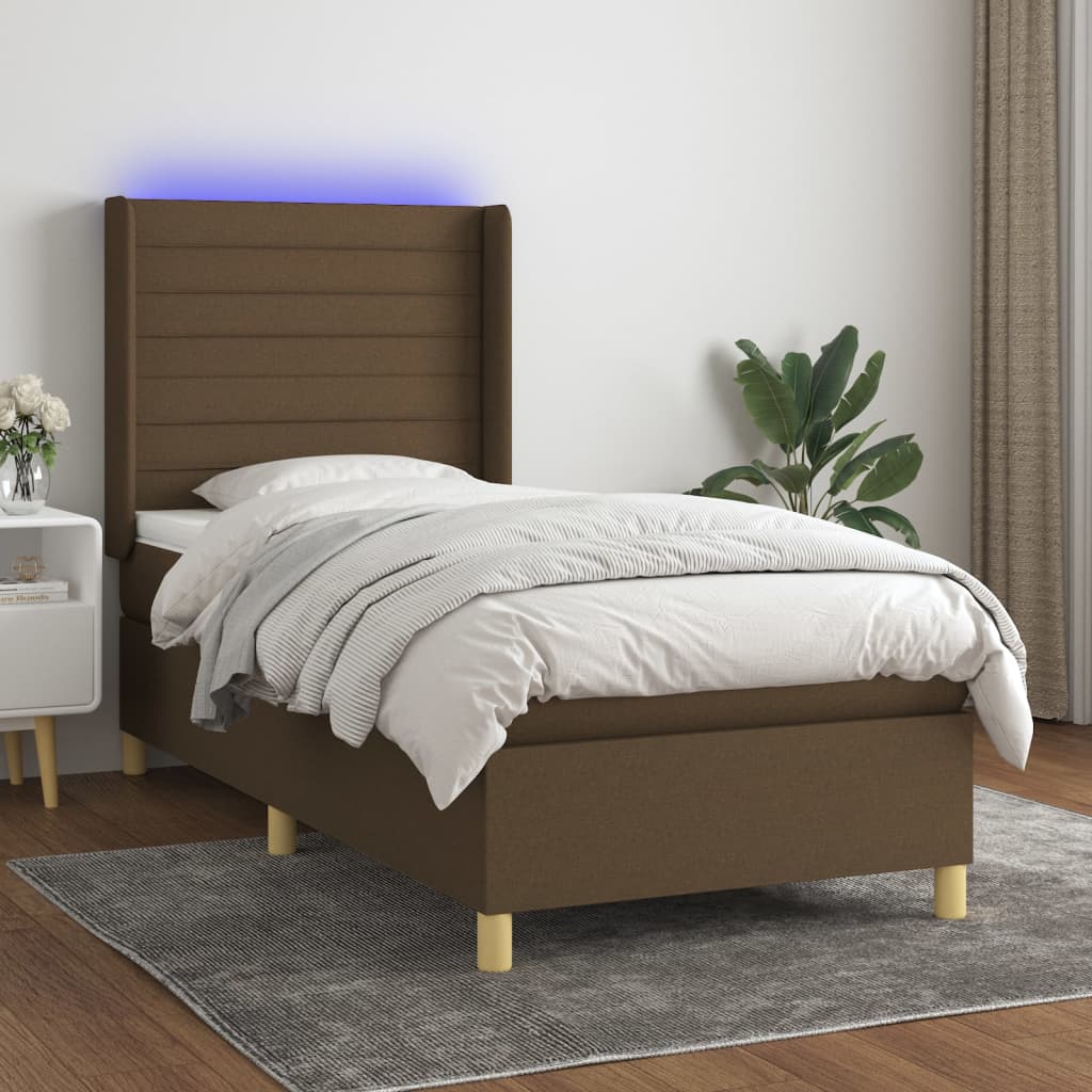 Krevet box spring s madracem LED tamnosmeđi 90x200 cm tkanina