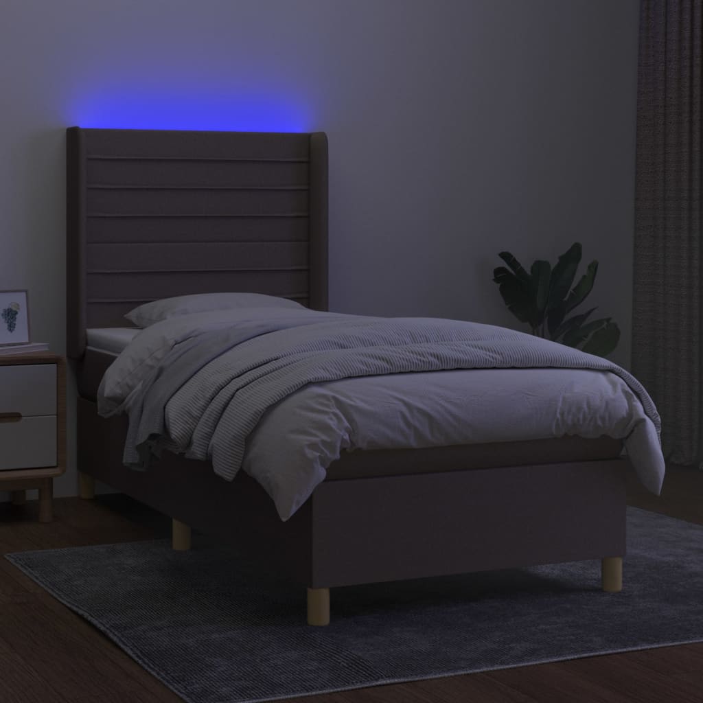 Krevet box spring s madracem LED smeđesivi 90x200 cm tkanina