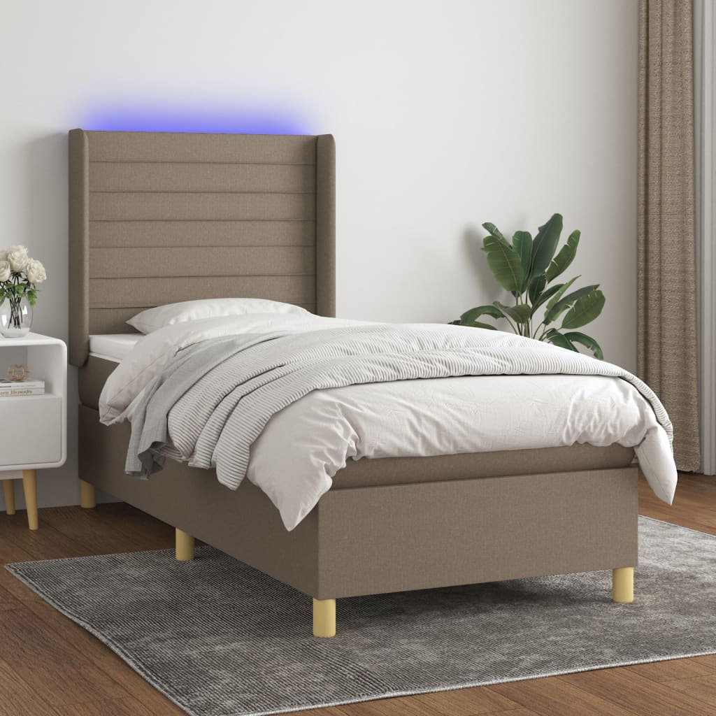 Krevet box spring s madracem LED smeđesivi 90x200 cm tkanina