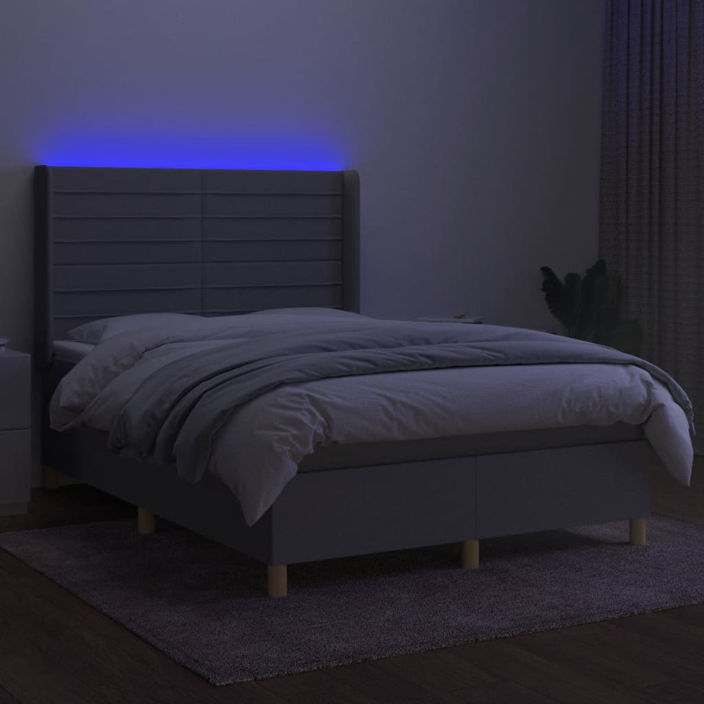 Krevet box spring s madracem LED svjetlosivi 140x190 cm tkanina