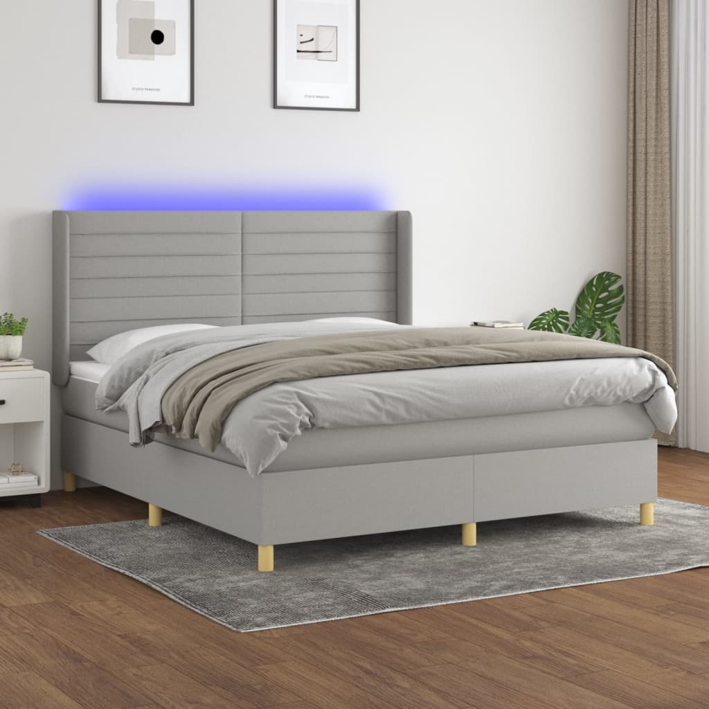 Krevet box spring s madracem LED svjetlosivi 160x200 cm tkanina