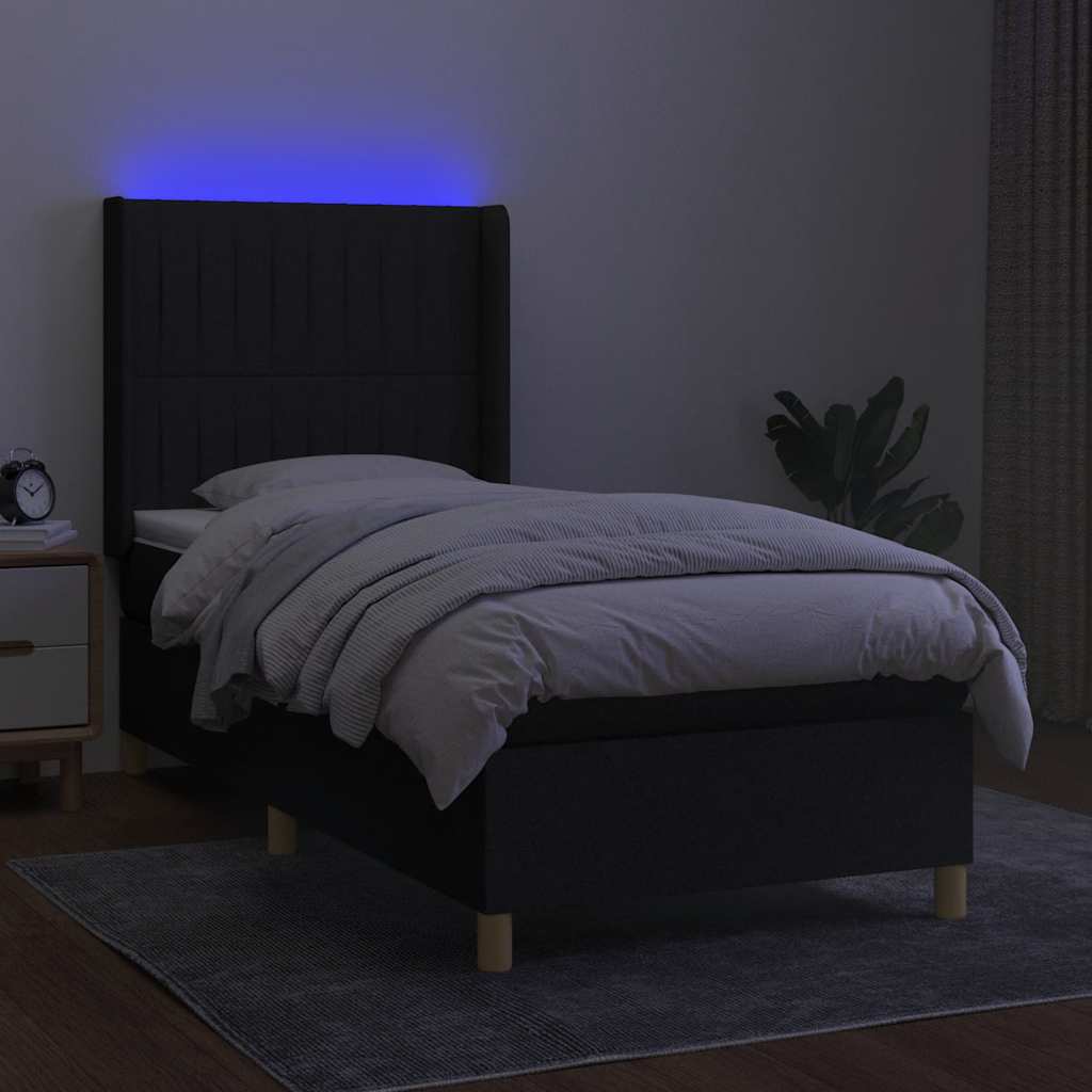 Krevet box spring s madracem LED crni 90x190 cm od tkanine