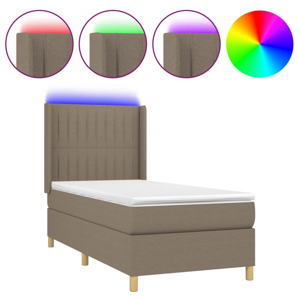 Krevet box spring s madracem LED smeđesivi 90x200 cm tkanina