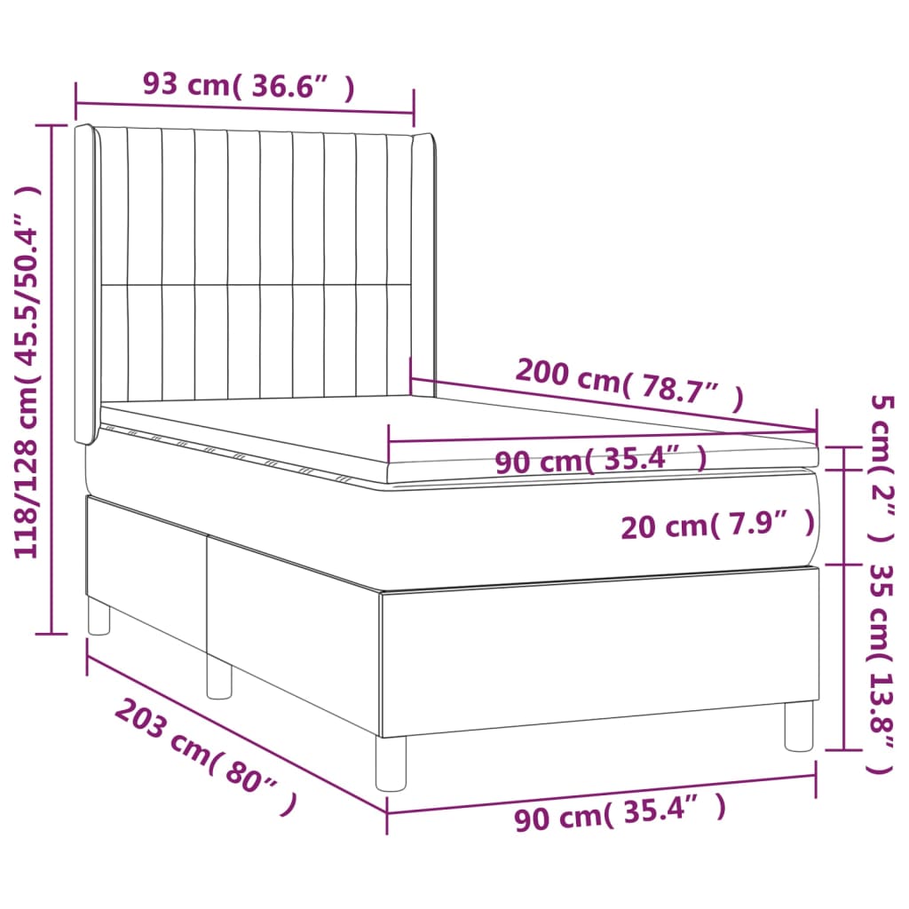 Krevet box spring s madracem LED smeđesivi 90x200 cm tkanina