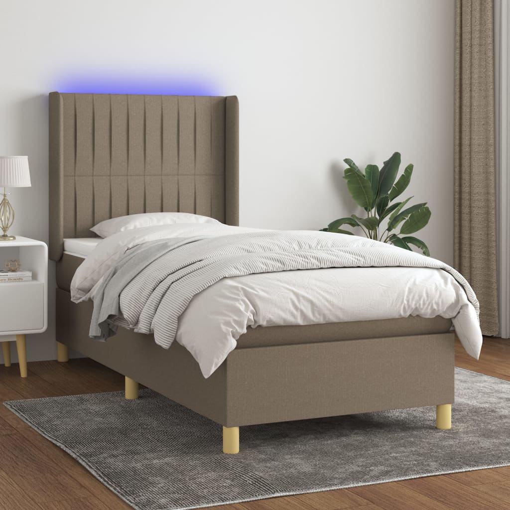 Krevet box spring s madracem LED smeđesivi 90x200 cm tkanina