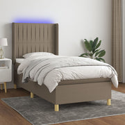 Krevet box spring s madracem LED smeđesivi 90x200 cm tkanina