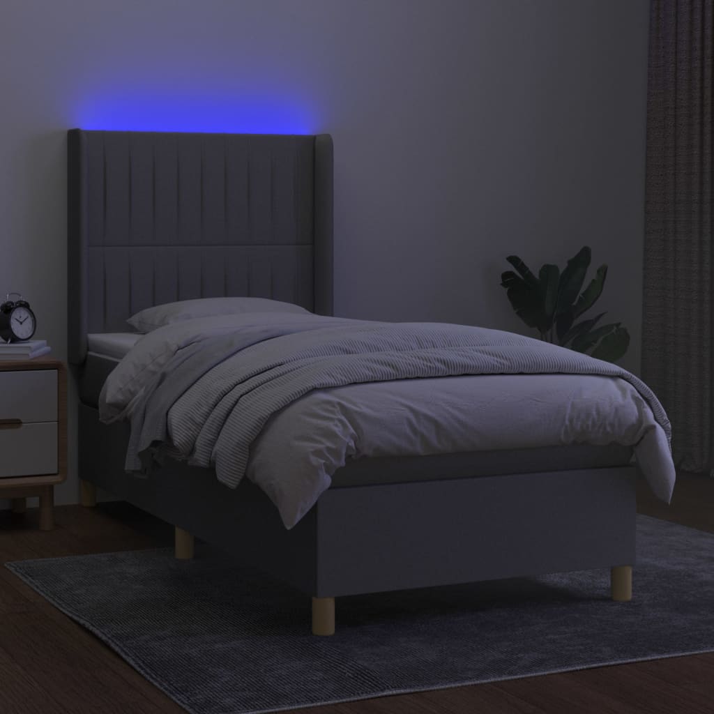 Krevet box spring s madracem LED svjetlosivi 100x200 cm tkanina
