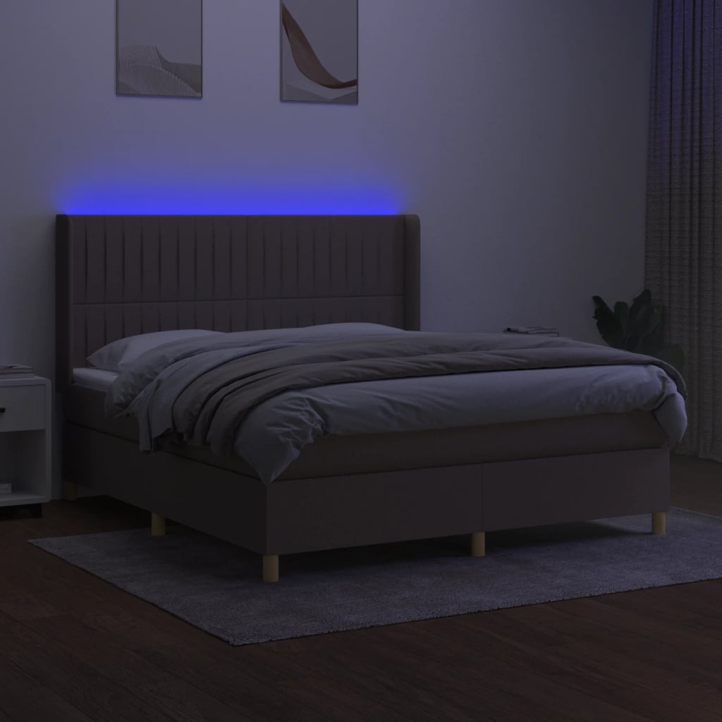 Krevet box spring s madracem LED smeđesivi 180x200 cm tkanina