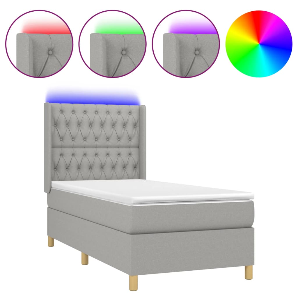 Krevet box spring s madracem LED svjetlosivi 90x200 cm tkanina
