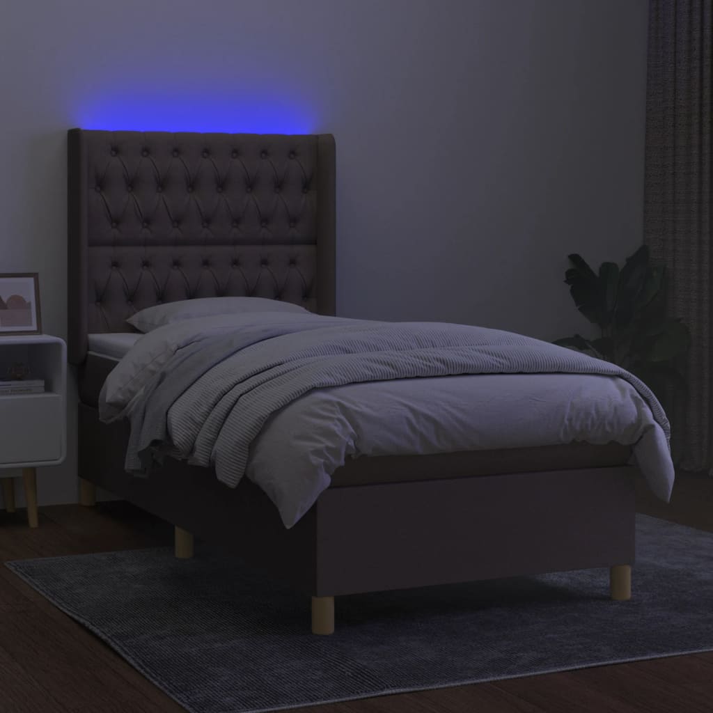 Krevet box spring s madracem LED smeđesivi 90x200 cm tkanina