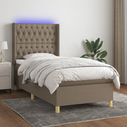 Krevet box spring s madracem LED smeđesivi 90x200 cm tkanina