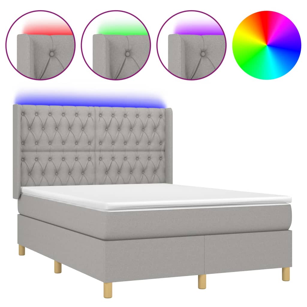 Krevet box spring s madracem LED svjetlosivi 140x200 cm tkanina