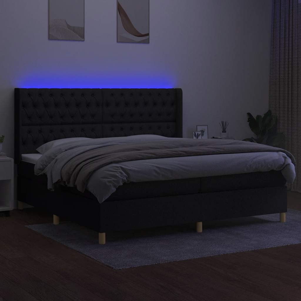 Krevet box spring s madracem LED crni 200x200 cm od tkanine