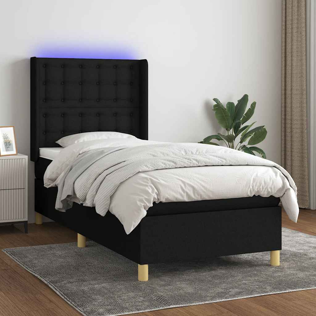 Krevet box spring s madracem LED crni 90x190 cm od tkanine