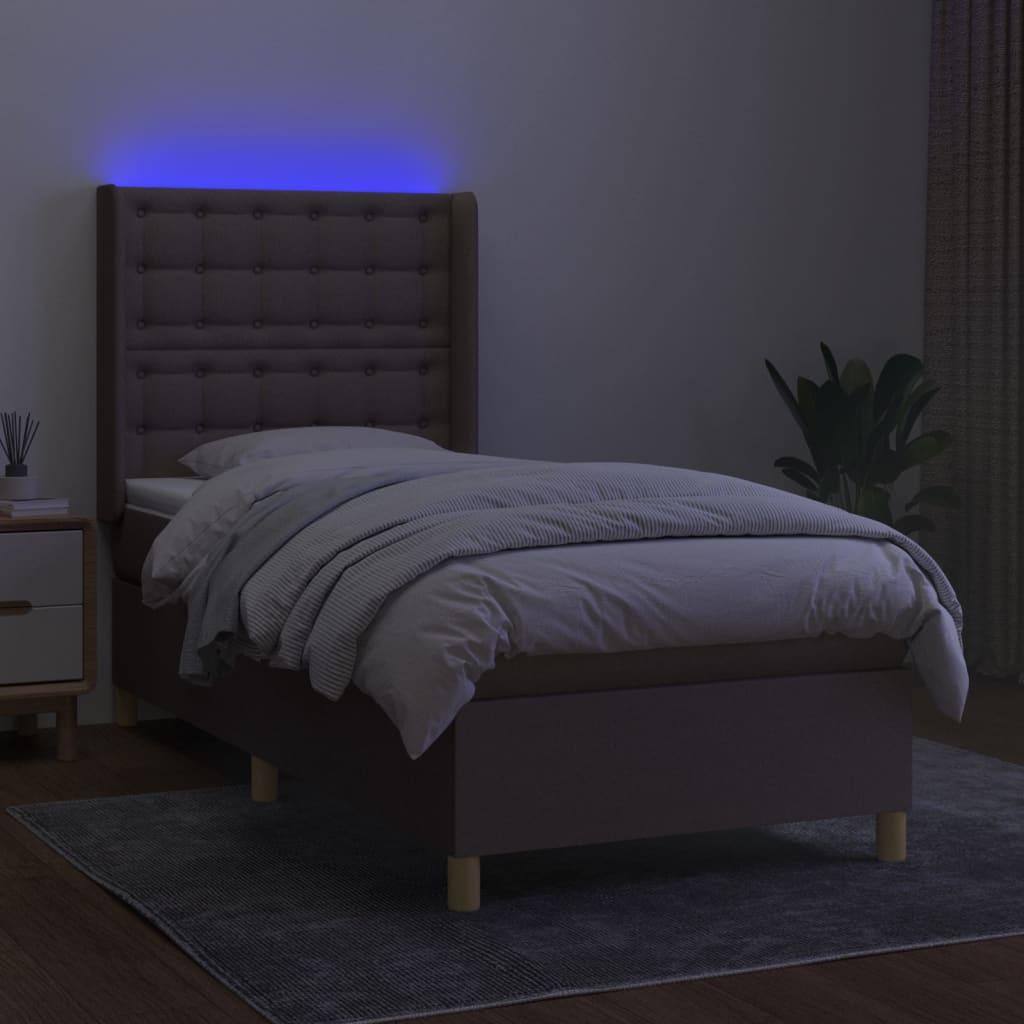 Krevet box spring s madracem LED smeđesivi 90x190 cm tkanina
