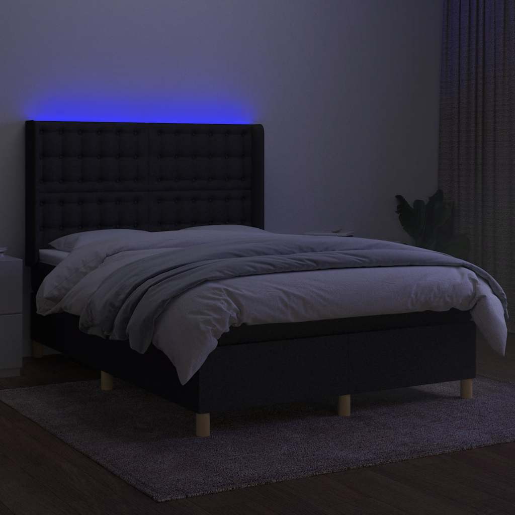 Krevet box spring s madracem LED crni 140x190 cm od tkanine