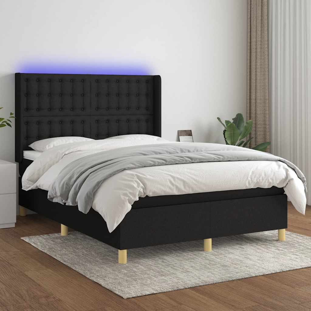 Krevet box spring s madracem LED crni 140x190 cm od tkanine