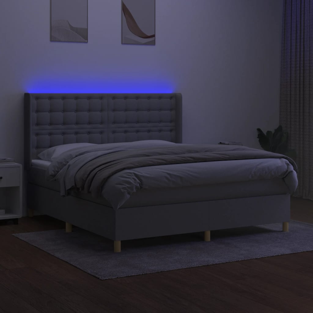 Krevet box spring s madracem LED svjetlosivi 180x200 cm tkanina